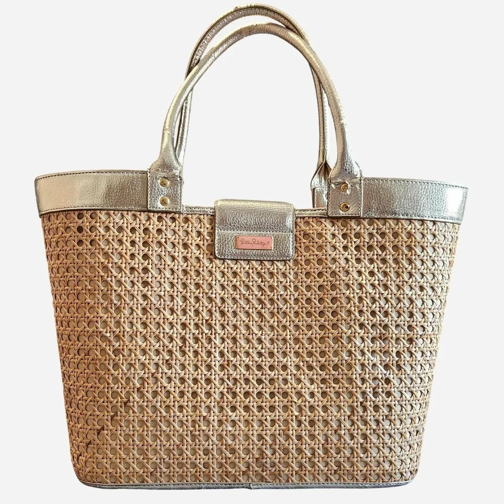 Lilly Pulitzer Tan Woven Tote with Metallic Gold Trim - Picture 2 of 4